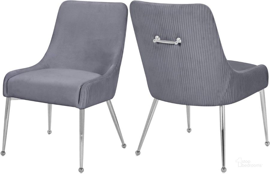 The appearance of Ace Grey Velvet Dining Chair 856Grey Set of 2 designed by Meridian in the modern / contemporary interior design. This grey velvet piece of furniture  was selected by 1StopBedrooms from Ace Collection to add a touch of cosiness and style into your home. Sku: 856Grey. Product Type: Dining Chair. Material: Velvet. Image1