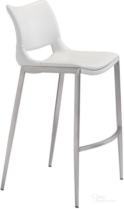 The appearance of Ace White and Brushed Stainless Steel Bar Chair Set Of 2 designed by Zuo Modern in the modern / contemporary interior design. This white piece of furniture  was selected by 1StopBedrooms from Ace Collection to add a touch of cosiness and style into your home. Sku: 101283. Product Type: Bar Chair. Material: Stainless Steel. Image1