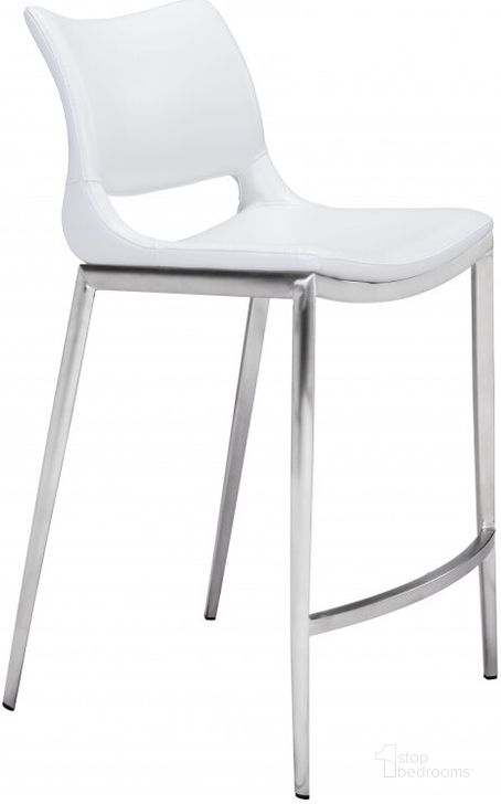The appearance of Ace White and Brushed Stainless Steel Counter Chair Set Of 2 designed by Zuo Modern in the modern / contemporary interior design. This white piece of furniture  was selected by 1StopBedrooms from Ace Collection to add a touch of cosiness and style into your home. Sku: 101390. Product Type: Counter Height Chair. Material: Stainless Steel. Image1
