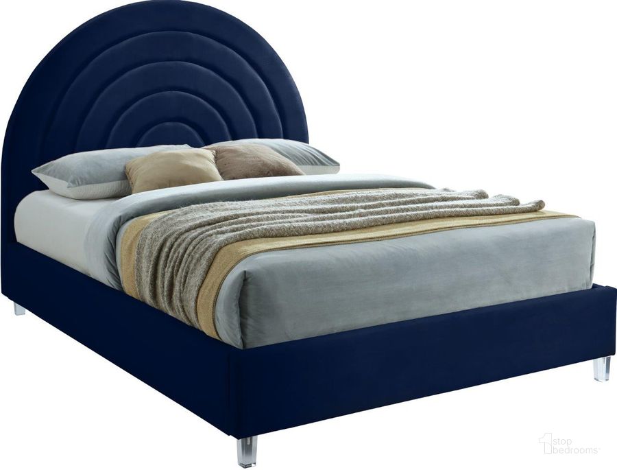 The appearance of Ackerley Navy Velvet Queen Bed designed by Furnique in the modern / contemporary interior design. This navy velvet piece of furniture  was selected by 1StopBedrooms from Ackerley Collection to add a touch of cosiness and style into your home. Sku: RainbowNavy-Q-1;RainbowNavy-Q-2. Product Type: Bed. Bed Size: Queen. Material: Acrylic. Image1