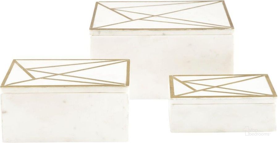 The appearance of Ackley White And Brass Box Set of 3 designed by Signature Design by Ashley in the modern / contemporary interior design. This white/brass piece of furniture  was selected by 1StopBedrooms from Ackley Collection to add a touch of cosiness and style into your home. Sku: A2000492. Material: Marble. Product Type: Decor. Image1