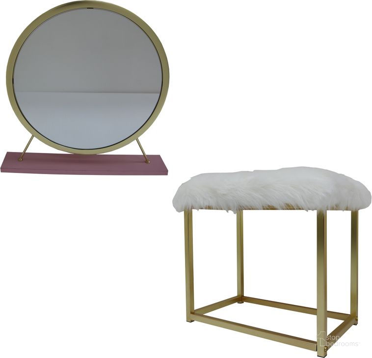 The appearance of Acme Adao Vanity Mirror And Stool In Pink And Gold Finish designed by ACME in the modern / contemporary interior design. This pink and gold piece of furniture  was selected by 1StopBedrooms from Adao Collection to add a touch of cosiness and style into your home. Sku: AC00934. Material: Wood. Product Type: Vanity Set. Image1