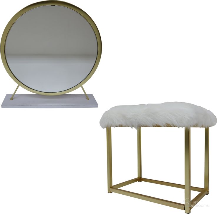 The appearance of Acme Adao Vanity Mirror And Stool In White And Brass Finish designed by ACME in the modern / contemporary interior design. This brass piece of furniture  was selected by 1StopBedrooms from Adao Collection to add a touch of cosiness and style into your home. Sku: AC00932. Material: Wood. Product Type: Vanity Set. Image1