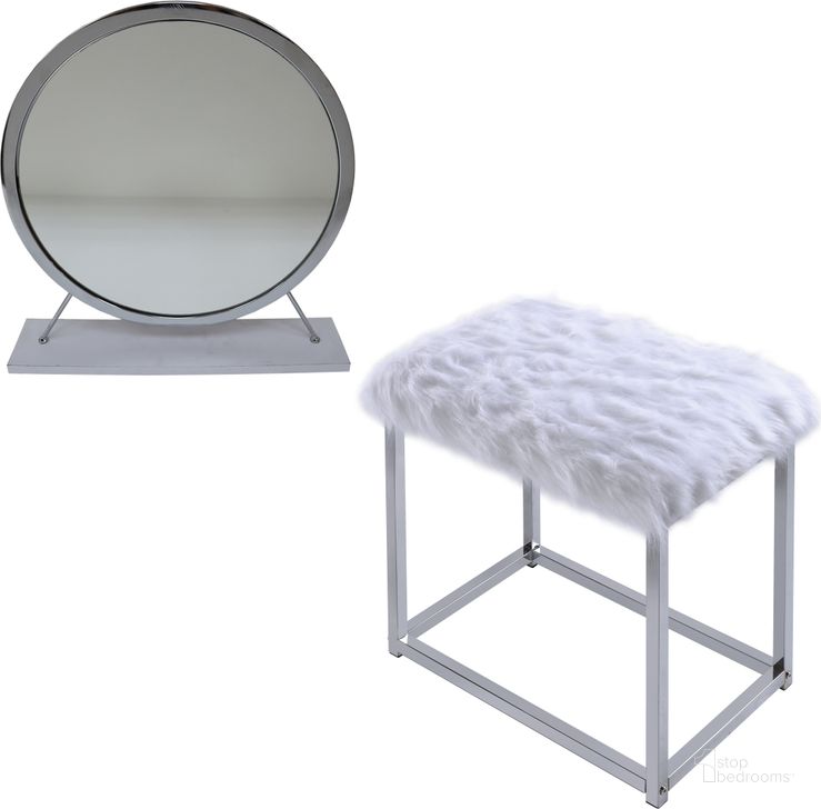 The appearance of Acme Adao Vanity Mirror And Stool In White And Chrome Finish designed by ACME in the modern / contemporary interior design. This white and chrome piece of furniture  was selected by 1StopBedrooms from Adao Collection to add a touch of cosiness and style into your home. Sku: AC00935. Material: Wood. Product Type: Vanity Set. Image1