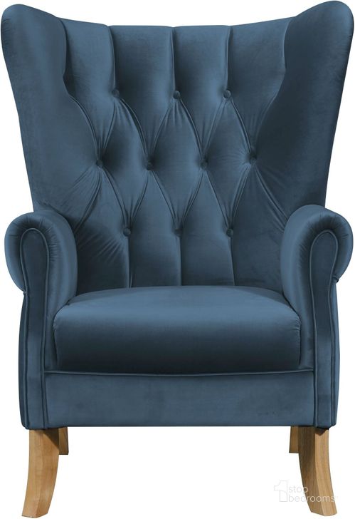 The appearance of Acme Adonis Accent Chair In Azure Blue Velvet designed by ACME in the transitional interior design. This blue piece of furniture  was selected by 1StopBedrooms from Adonis Collection to add a touch of cosiness and style into your home. Sku: 59518. Material: Wood. Product Type: Accent Chair. Image1