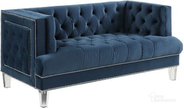 The appearance of Acme Ansario Loveseat 56456 designed by ACME in the modern / contemporary interior design. This blue velvet piece of furniture  was selected by 1StopBedrooms from Ansario Collection to add a touch of cosiness and style into your home. Sku: 56456. Material: Wood. Product Type: Loveseat. Image1