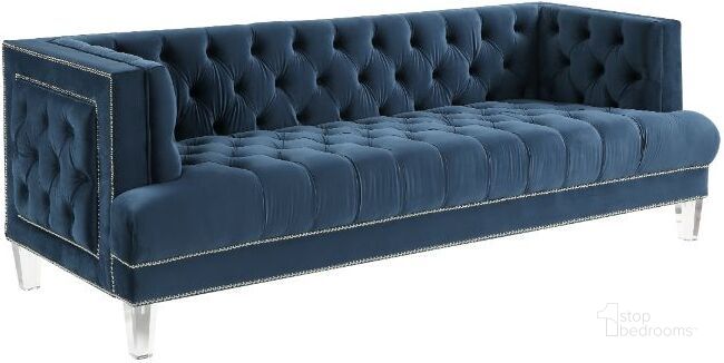 The appearance of Acme Ansario Sofa 56455 designed by ACME in the modern / contemporary interior design. This blue velvet piece of furniture  was selected by 1StopBedrooms from Ansario Collection to add a touch of cosiness and style into your home. Sku: 56455. Material: Wood. Product Type: Sofa. Image1