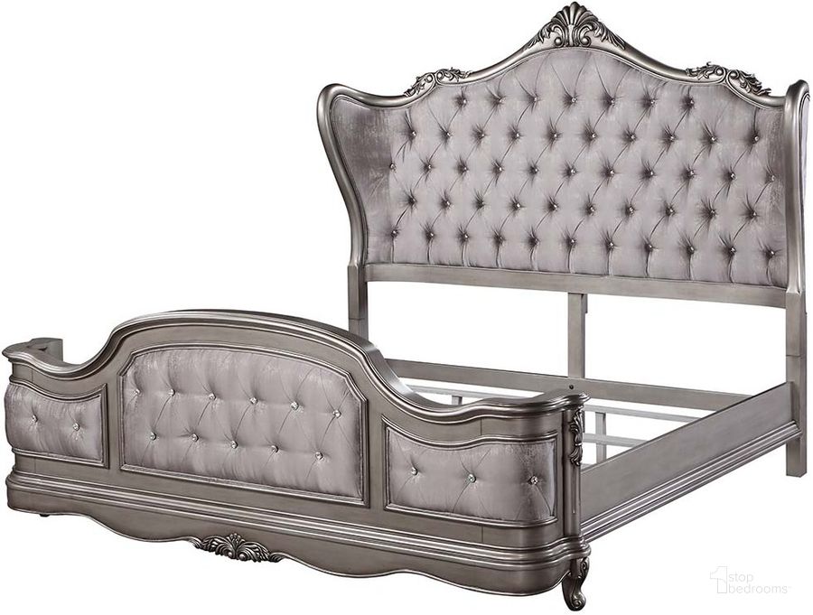 The appearance of Acme Ausonia Eastern King Bed In Antique Platinum Finish designed by ACME in the transitional interior design. This antique platinum piece of furniture  was selected by 1StopBedrooms from Ausonia Collection to add a touch of cosiness and style into your home. Sku: BD00601CKEK1;BD00601CKEK2;BD00602EKQ3. Bed Type: Panel Bed. Material: Wood. Product Type: Panel Bed. Bed Size: Eastern King. Image1