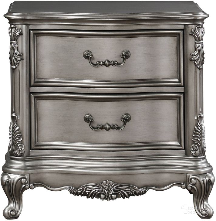 The appearance of Acme Ausonia Nightstand In Antique Platinum Finish designed by ACME in the transitional interior design. This antique platinum piece of furniture  was selected by 1StopBedrooms from Ausonia Collection to add a touch of cosiness and style into your home. Sku: BD00604. Material: Wood. Product Type: Nightstand. Image1
