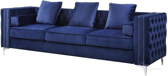 The appearance of Acme Bovasis Sofa With 5 Pillows In Blue Velvet designed by ACME in the modern / contemporary interior design. This blue velvet piece of furniture  was selected by 1StopBedrooms from Bovasis Collection to add a touch of cosiness and style into your home. Sku: LV00366. Material: Wood. Product Type: Sofa. Image1