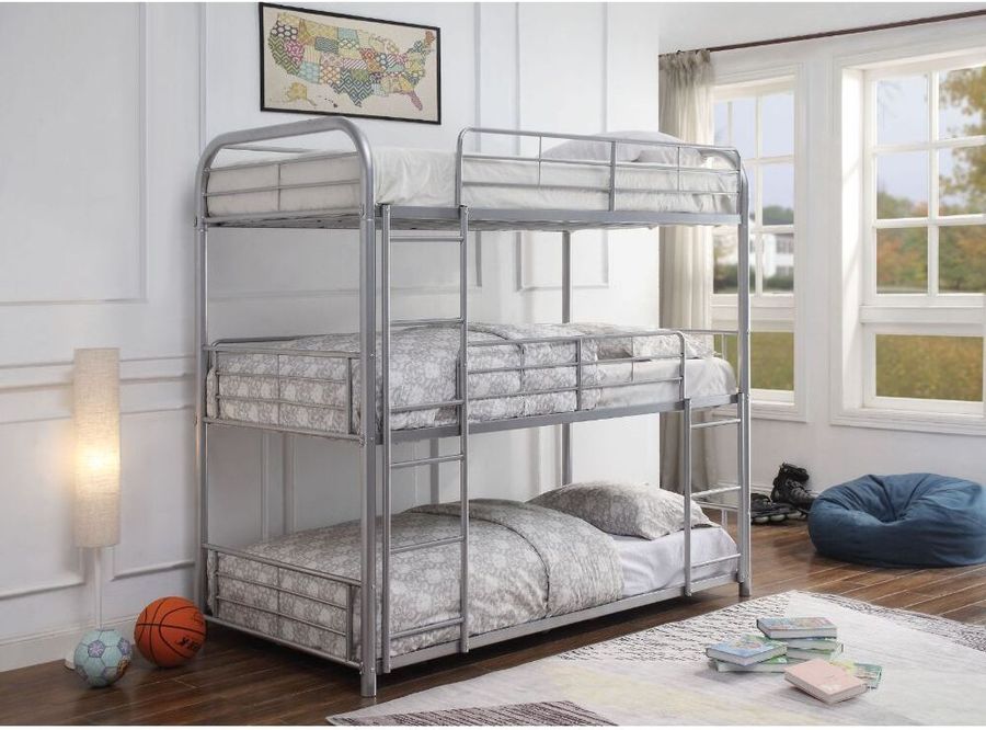 The appearance of Acme Cairo Triple Twin Bunk Bed In Silver designed by ACME in the industrial interior design. This silver piece of furniture  was selected by 1StopBedrooms from Cairo Collection to add a touch of cosiness and style into your home. Sku: 38100-1;38101-2. Bed Type: Bunk Bed. Material: Metal. Product Type: Bunk Bed. Bed Size: Twin.