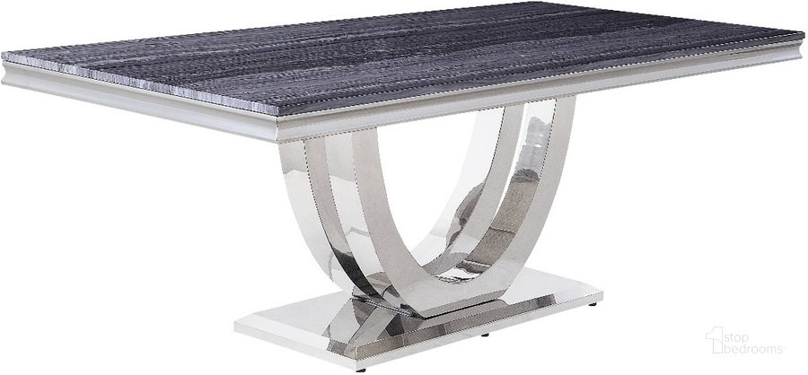 The appearance of Acme Cambrie Dining Table In Faux Marble And Mirrored Silver Finish designed by ACME in the modern / contemporary interior design. This silver piece of furniture  was selected by 1StopBedrooms from Cambrie Collection to add a touch of cosiness and style into your home. Sku: DN00221-1;DN00221-2;DN00221-3;DN00221-4. Table Base Style: Trestle. Product Type: Dining Table. Table Top Shape: Rectangular. Material: Stainless Steel. Size: 79". Image1