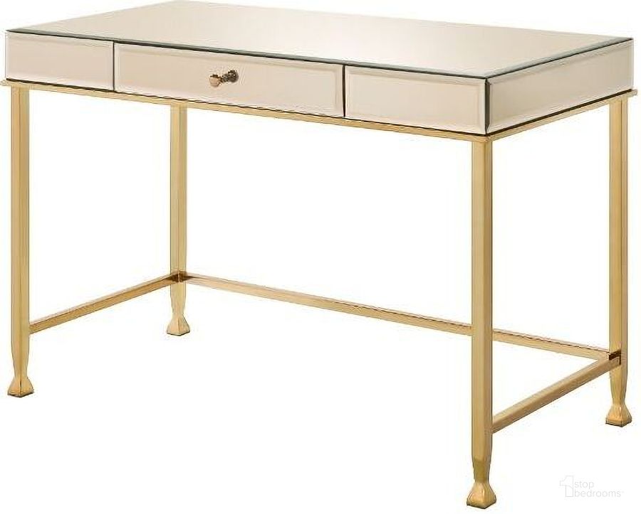 The appearance of Acme Canine Writing Desk In Smoky Mirrored And Champagne Finish designed by ACME in the modern / contemporary interior design. This champagne piece of furniture  was selected by 1StopBedrooms from Canine Collection to add a touch of cosiness and style into your home. Sku: 92977. Material: Wood. Product Type: Writing Desk. Image1