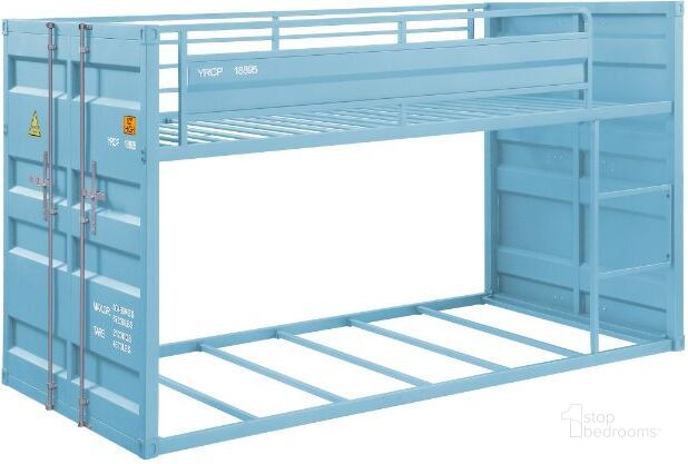 The appearance of Acme Cargo Twin Over Twin Bunk Bed In Aqua Finish designed by ACME in the modern / contemporary interior design. This aqua piece of furniture  was selected by 1StopBedrooms from Cargo Collection to add a touch of cosiness and style into your home. Sku: 37810HB;37811RL. Bed Type: Bunk Bed. Material: Metal. Product Type: Bunk Bed. Bed Size: Twin Over Twin. Image1