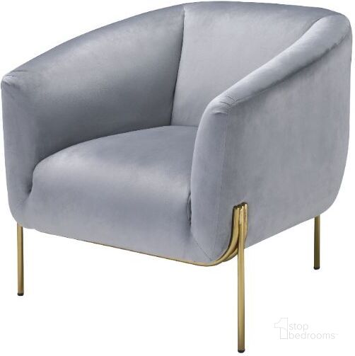 The appearance of Acme Carlson Accent Chair In Gray Velvet and Gold designed by ACME in the modern / contemporary interior design. This gray velvet piece of furniture  was selected by 1StopBedrooms from Carlson Collection to add a touch of cosiness and style into your home. Sku: 59790. Material: Metal. Product Type: Accent Chair. Image1