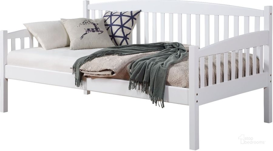 The appearance of Acme Caryn Twin Daybed In White Finish designed by ACME in the transitional interior design. This white piece of furniture  was selected by 1StopBedrooms from Caryn Collection to add a touch of cosiness and style into your home. Sku: BD00379-1;BD00379-2. Bed Type: Daybed. Material: Wood. Product Type: DayBed. Bed Size: Twin. Image1
