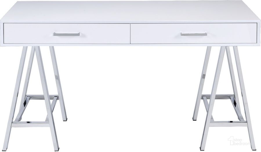 The appearance of Acme Coleen Built-In Usb Port Writing Desk In White High Gloss And Chrome Finish designed by ACME in the modern / contemporary interior design. This white high gloss piece of furniture  was selected by 1StopBedrooms from Coleen Collection to add a touch of cosiness and style into your home. Sku: 93047. Material: Wood. Product Type: Writing Desk. Image1
