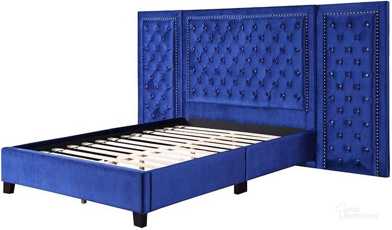 The appearance of Acme Damazy Queen Bed In Blue Velvet designed by ACME in the modern / contemporary interior design. This blue velvet piece of furniture  was selected by 1StopBedrooms from Damazy Collection to add a touch of cosiness and style into your home. Sku: BD00973Q1;BD00973Q2. Bed Type: Platform Bed. Material: Wood. Product Type: Platform Bed. Bed Size: Queen. Image1