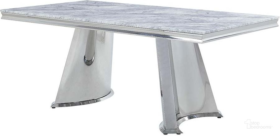The appearance of Acme Destry Dining Table In Mirrored Silver Finish designed by ACME in the modern / contemporary interior design. This silver piece of furniture  was selected by 1StopBedrooms from Destry Collection to add a touch of cosiness and style into your home. Sku: DN01188-1;DN01188-2;DN01188-3;DN01188-4. Table Base Style: Double Pedestal. Product Type: Dining Table. Table Top Shape: Rectangular. Material: Stainless Steel. Size: 79". Image1
