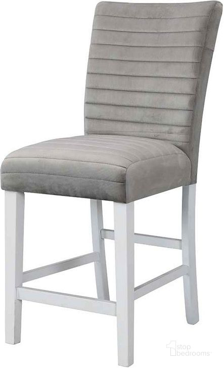 The appearance of Acme Elizaveta Counter Height Chair Set Of 2 In Gray Velvet And White High Gloss Finish designed by ACME in the modern / contemporary interior design. This grey piece of furniture  was selected by 1StopBedrooms from Elizaveta Collection to add a touch of cosiness and style into your home. Sku: DN00818. Material: Wood. Product Type: Counter Height Chair. Image1