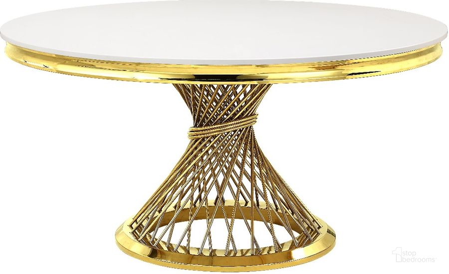 The appearance of Acme Fallon Dining Table In Mirrored Gold Finish designed by ACME in the modern / contemporary interior design. This gold piece of furniture  was selected by 1StopBedrooms from Fallon Collection to add a touch of cosiness and style into your home. Sku: DN01189-1;DN01189-2;DN01189-3. Table Base Style: Pedestal. Table Top Shape: Round. Product Type: Dining Table. Material: Stainless Steel. Size: 59". Image1