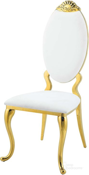 The appearance of Acme Fallon Side Chair Set of 2 In White Pu and Mirrored Gold Finish designed by ACME in the modern / contemporary interior design. This gold piece of furniture  was selected by 1StopBedrooms from Fallon Collection to add a touch of cosiness and style into your home. Sku: DN01190. Product Type: Side Chair. Material: Stainless Steel. Image1