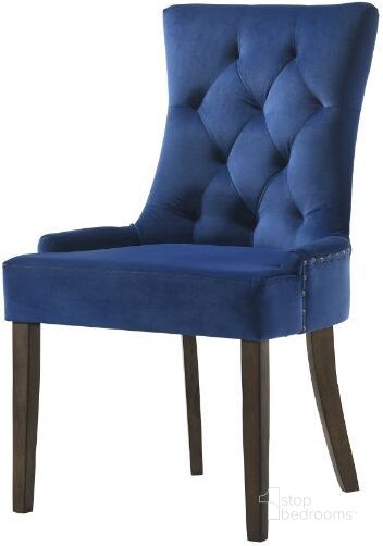 The appearance of Acme Farren Side Chair In Blue Velvet And Espresso Finish designed by ACME in the transitional interior design. This blue piece of furniture  was selected by 1StopBedrooms from Farren Collection to add a touch of cosiness and style into your home. Sku: 77165. Material: Wood. Product Type: Side Chair. Image1