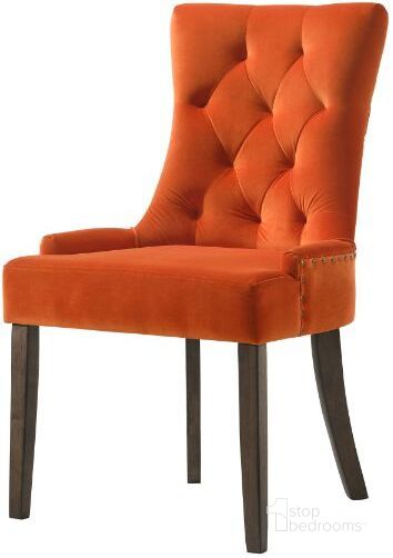The appearance of Acme Farren Side Chair In Orange Velvet And Espresso Finish designed by ACME in the transitional interior design. This orange piece of furniture  was selected by 1StopBedrooms from Farren Collection to add a touch of cosiness and style into your home. Sku: 77164. Material: Wood. Product Type: Side Chair. Image1