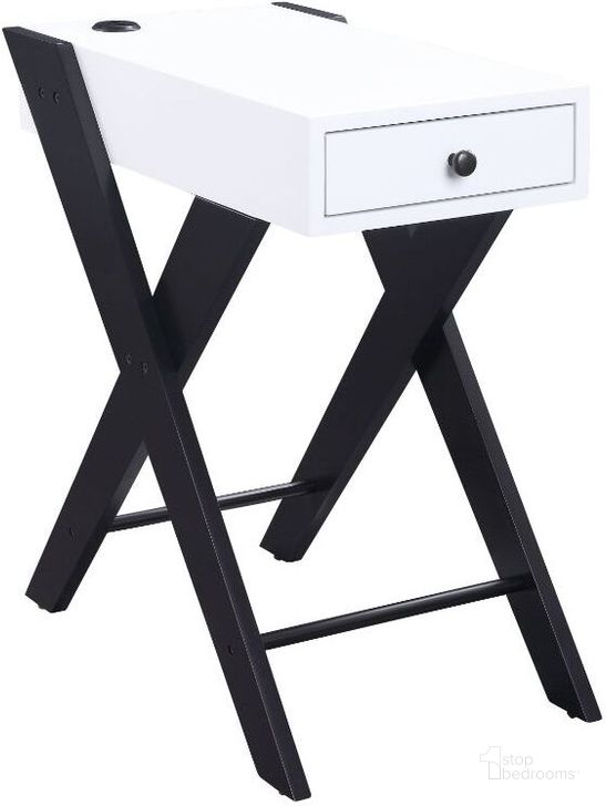 The appearance of Acme Fierce Side Table With Usb Charging Dock In White And Black designed by ACME in the transitional interior design. This white and black piece of furniture  was selected by 1StopBedrooms from Fierce Collection to add a touch of cosiness and style into your home. Sku: 97738. Product Type: Side Table. Material: MDF. Image1