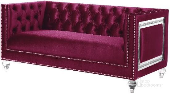 The appearance of Acme Heibero Loveseat With 2 Pillows 56896 designed by ACME in the modern / contemporary interior design. This burgundy velvet piece of furniture  was selected by 1StopBedrooms from Heibero Collection to add a touch of cosiness and style into your home. Sku: 56896. Material: Wood. Product Type: Loveseat. Image1