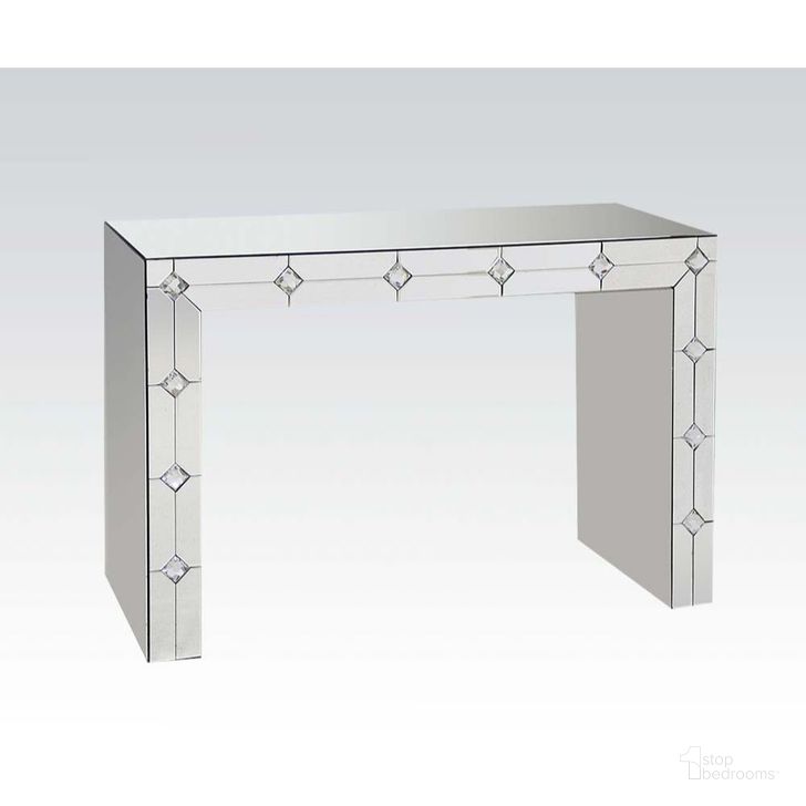 The appearance of Acme Hessa Console Table In Mirrored designed by ACME in the glam interior design. This mirrored piece of furniture  was selected by 1StopBedrooms from Hessa Collection to add a touch of cosiness and style into your home. Sku: 90242. Product Type: Console Table. Material: MDF. Table Top Shape: Rectangular. Image1