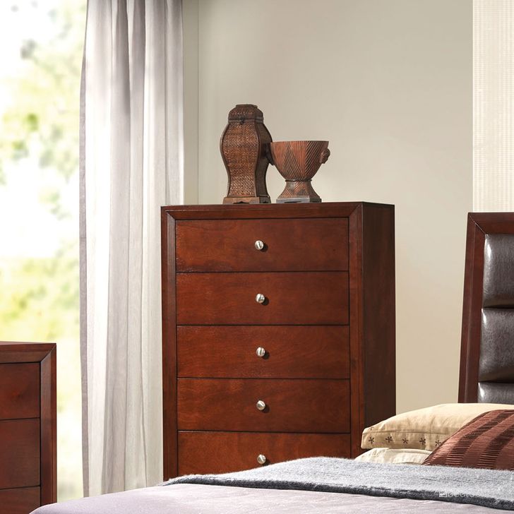 The appearance of ACME Ilana Contemporary Five Drawer Chest in Brown Cherry designed by ACME in the transitional interior design. This brown piece of furniture  was selected by 1StopBedrooms from Ilana Collection to add a touch of cosiness and style into your home. Sku: 20406. Material: Wood. Product Type: Chest. Image1