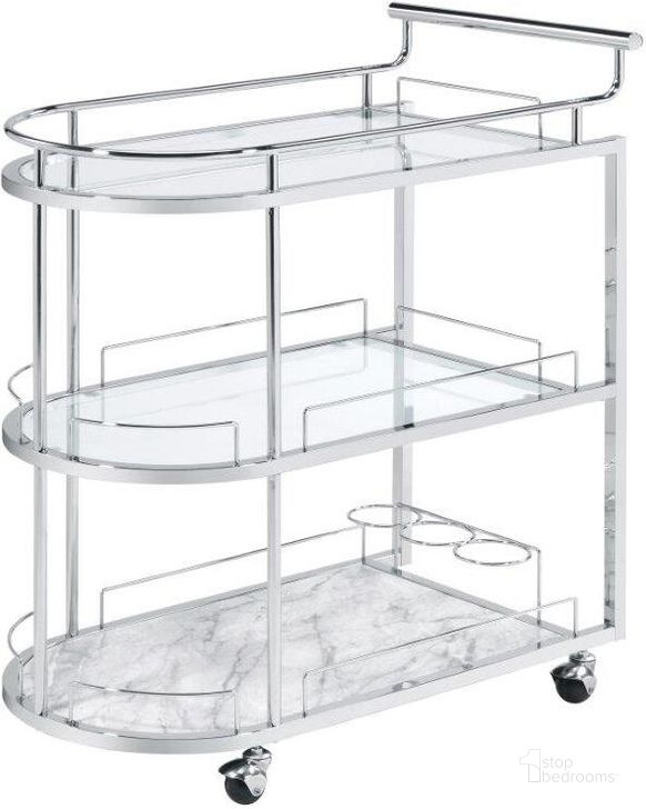The appearance of Acme Inyo Serving Cart In Clear Glass and Chrome Finish designed by ACME in the modern / contemporary interior design. This chrome piece of furniture  was selected by 1StopBedrooms from Inyo Collection to add a touch of cosiness and style into your home. Sku: AC00161. Material: Wood. Product Type: Serving Cart. Image1