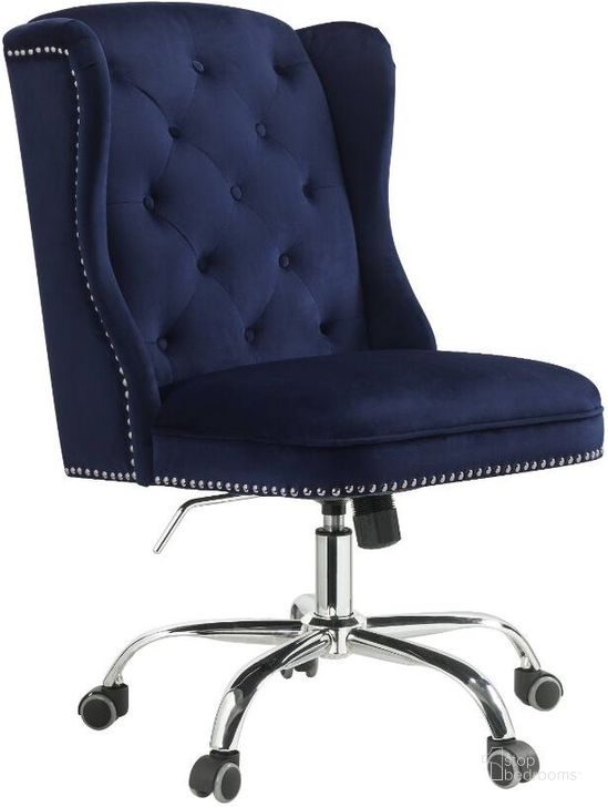 The appearance of Acme Jamesia Office Chair In Midnight Blue Velvet designed by ACME in the rustic / southwestern interior design. This blue piece of furniture  was selected by 1StopBedrooms from Jamesia Collection to add a touch of cosiness and style into your home. Sku: 92665. Material: Metal. Product Type: Office Chair. Image1