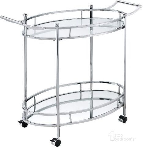 The appearance of Acme Jinx Serving Cart In Clear Glass and Chrome Finish designed by ACME in the modern / contemporary interior design. This chrome piece of furniture  was selected by 1StopBedrooms from Jinx Collection to add a touch of cosiness and style into your home. Sku: 98216. Material: Metal. Product Type: Serving Cart. Image1