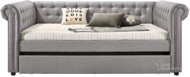 The appearance of Acme Justice Full Daybed And Twin Trundle In Smoke Gray Fabric designed by ACME in the transitional interior design. This smoke gray piece of furniture  was selected by 1StopBedrooms from Justice Collection to add a touch of cosiness and style into your home. Sku: 39435SLAT;39436ARM;39437PNL;39438TRN. Bed Type: Daybed. Material: Wood. Product Type: DayBed. Bed Size: Full. Image1