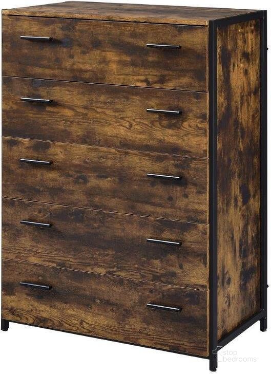The appearance of Acme Juvanth Chest In Rustic Oak and Black Finish designed by ACME in the industrial interior design. This rustic oak and black piece of furniture  was selected by 1StopBedrooms from Juvanth Collection to add a touch of cosiness and style into your home. Sku: 24266. Material: Wood. Product Type: Chest. Image1
