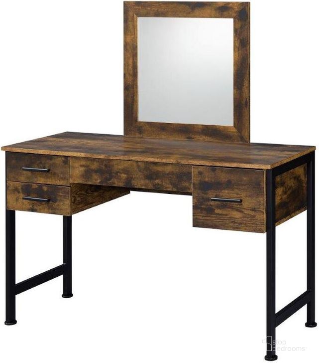 The appearance of Acme Juvanth Vanity Desk And Mirror In Rustic Oak And Black Finish designed by ACME in the industrial interior design. This rustic oak and black piece of furniture  was selected by 1StopBedrooms from Juvanth Collection to add a touch of cosiness and style into your home. Sku: 24267. Material: Wood. Product Type: Vanity Desk. Image1