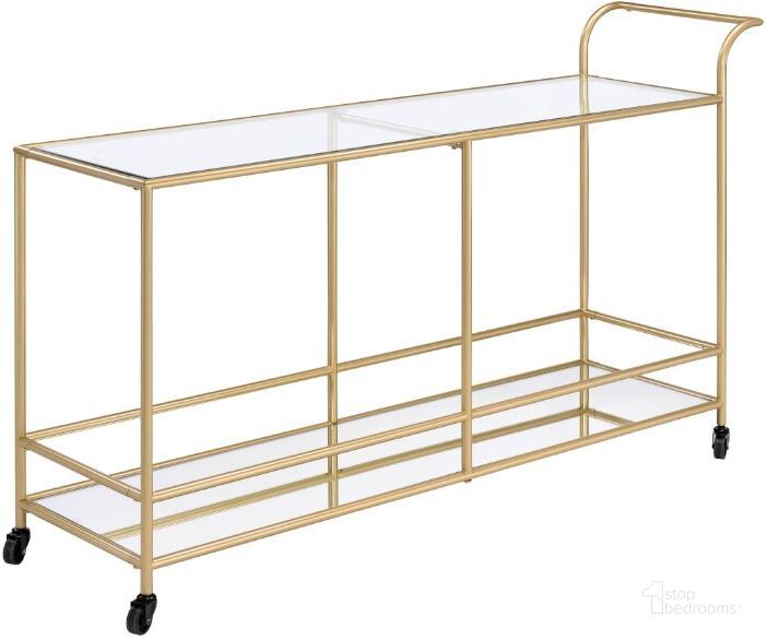 The appearance of Acme Kenda Serving Cart In Gold designed by ACME in the glam interior design. This gold piece of furniture  was selected by 1StopBedrooms from Kenda Collection to add a touch of cosiness and style into your home. Sku: 98425. Material: Metal. Product Type: Serving Cart. Image1