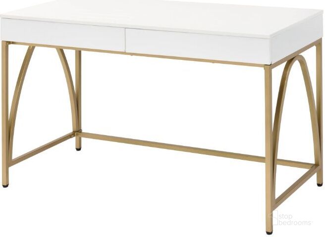 The appearance of Acme Lightmane Desk In White High Gloss And Gold designed by ACME in the modern / contemporary interior design. This white high gloss piece of furniture  was selected by 1StopBedrooms from Lightmane Collection to add a touch of cosiness and style into your home. Sku: 92660. Material: Wood. Product Type: Desk. Image1