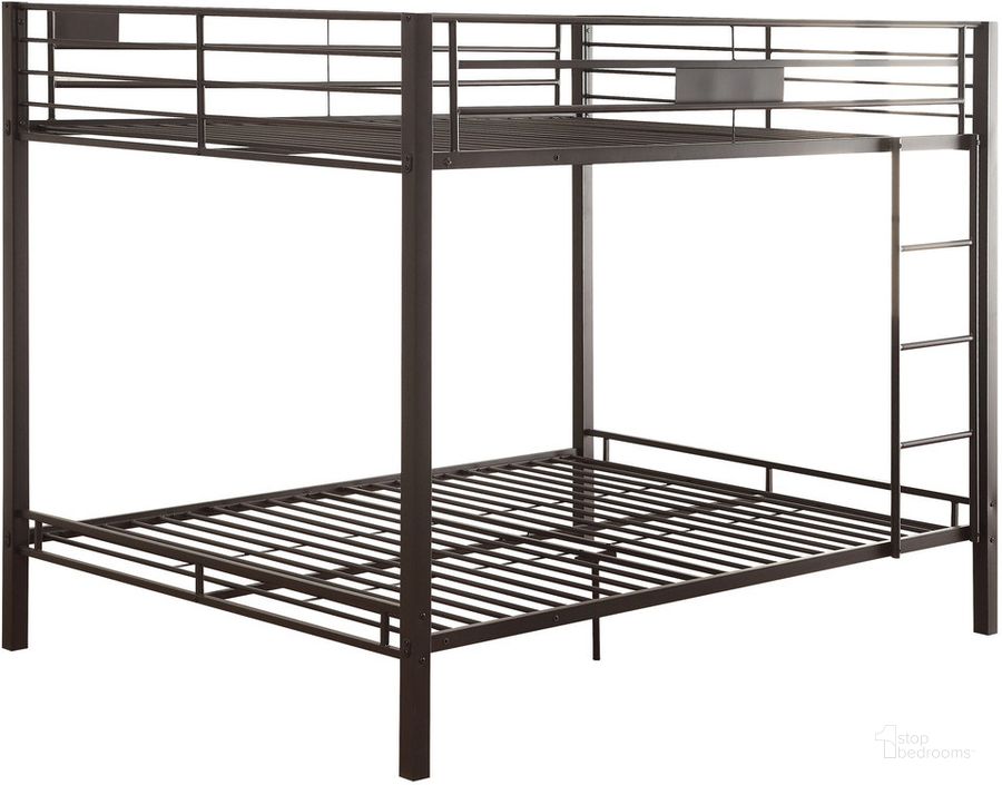 The appearance of Acme Limbra Queen Over Queen Bunk Bed In Sandy Black designed by ACME in the modern / contemporary interior design. This sandy black piece of furniture  was selected by 1StopBedrooms from Kaleb Collection to add a touch of cosiness and style into your home. Sku: 38015-1;38016-2. Bed Type: Bunk Bed. Material: Metal. Product Type: Bunk Bed. Bed Size: Queen. Image1