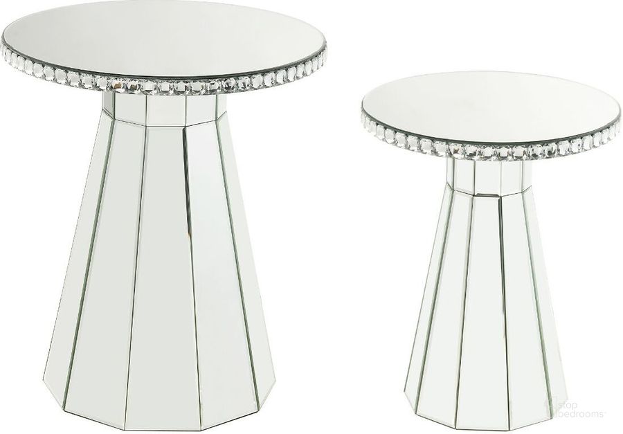 The appearance of Acme Lotus Accent Table In Mirrored And Faux Cyrstals Inlay designed by ACME in the glam interior design. This mirrored piece of furniture  was selected by 1StopBedrooms from Lotus Collection to add a touch of cosiness and style into your home. Sku: 97958. Product Type: Accent Table. Material: MDF.