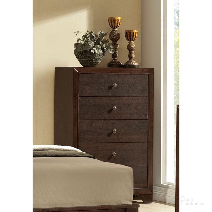 The appearance of Acme Madison 5-Drawer Chest in Espresso designed by ACME in the transitional interior design. This brown piece of furniture  was selected by 1StopBedrooms from Madison II Collection to add a touch of cosiness and style into your home. Sku: 19576. Material: Wood. Product Type: Chest. Image1