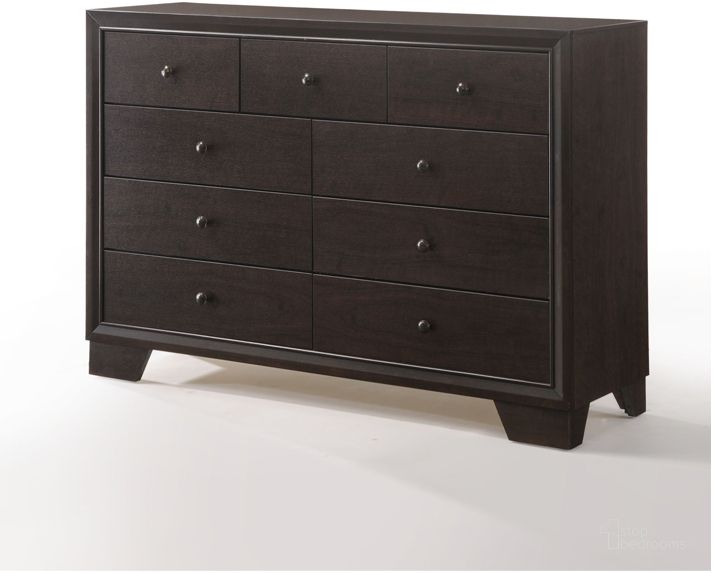 The appearance of Acme Madison 9-Drawer Dresser in Espresso designed by ACME in the transitional interior design. This brown piece of furniture  was selected by 1StopBedrooms from Madison II Collection to add a touch of cosiness and style into your home. Sku: 19575. Material: Wood. Product Type: Dresser. Image1