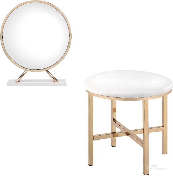 The appearance of Acme Midriaks Mirror And Stool In White And Gold Finish designed by ACME in the modern / contemporary interior design. This white and gold piece of furniture  was selected by 1StopBedrooms from Midriaks Collection to add a touch of cosiness and style into your home. Sku: AC00723. Material: Metal. Product Type: Vanity. Image1