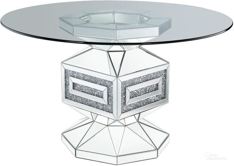 The appearance of Acme Noralie Dining Table In Clear Glass 72955 designed by ACME in the glam interior design. This clear piece of furniture  was selected by 1StopBedrooms from Noralie Collection to add a touch of cosiness and style into your home. Sku: 72955ST;72956GL. Table Base Style: Pedestal. Table Top Shape: Round. Material: Wood. Product Type: Dining Table. Size: 52". Image1