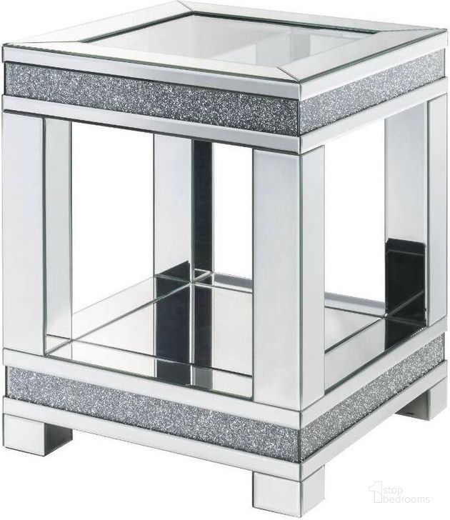 The appearance of Noralie End Table In Mirrored And Faux Diamonds 88022 designed by ACME in the glam interior design. This diamond piece of furniture  was selected by 1StopBedrooms from Noralie Collection to add a touch of cosiness and style into your home. Sku: 88022. Material: Wood. Product Type: End Table. Image1