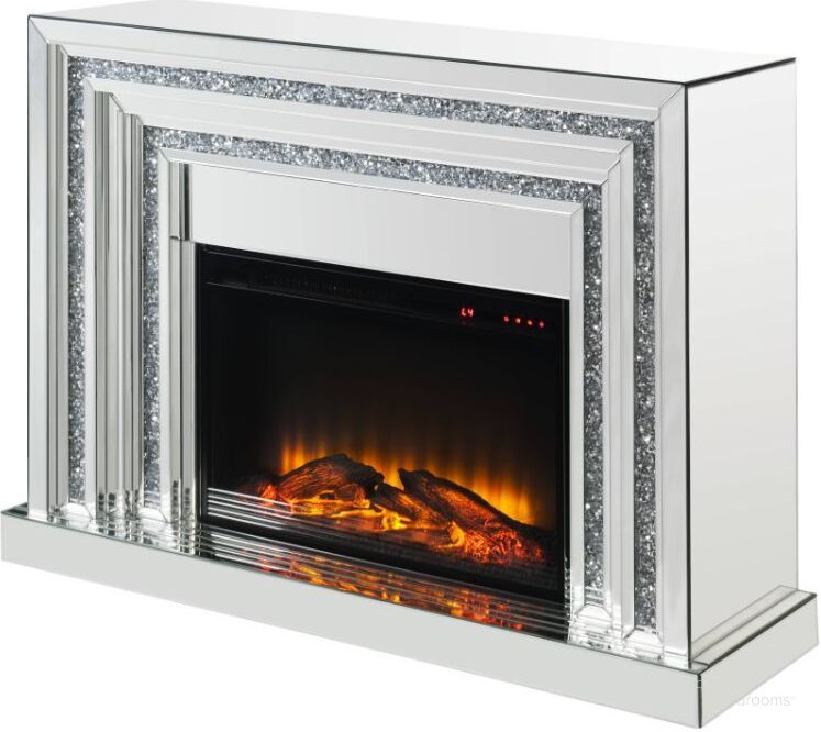 The appearance of Acme Noralie Fireplace In Mirrored And Faux Diamonds 90523 designed by ACME in the glam interior design. This mirrored piece of furniture  was selected by 1StopBedrooms from Noralie Collection to add a touch of cosiness and style into your home. Sku: 90523. Material: Wood. Product Type: Fireplace. Image1