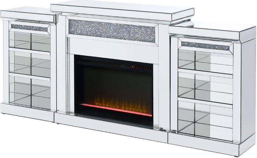 The appearance of Acme Noralie Fireplace In Mirrored And Faux Diamonds 90655 designed by ACME in the glam interior design. This mirrored piece of furniture  was selected by 1StopBedrooms from Noralie Collection to add a touch of cosiness and style into your home. Sku: 90655SHL;90655SHL;90657FIR. Material: Wood. Product Type: Fireplace. Image1