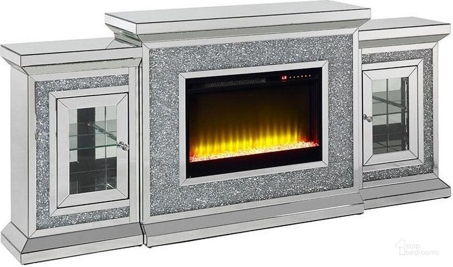 The appearance of Acme Noralie Fireplace With Led In Mirrored And Faux Diamonds AC00522 designed by ACME in the glam interior design. This mirrored piece of furniture  was selected by 1StopBedrooms from Noralie Collection to add a touch of cosiness and style into your home. Sku: AC00522-1;AC00522-2;AC00522-3. Material: Wood. Product Type: Fireplace. Image1